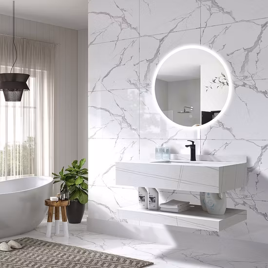 Mueble de baño de moda con encimera de piedra sinterizada y lavabo de cerámica