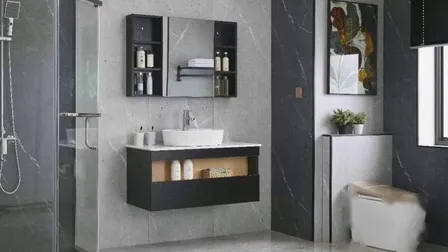 Mueble de baño de madera contrachapada con mueble de espejo y lavabo de cerámica