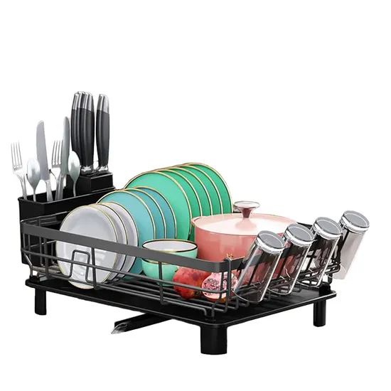 Escurridor de platos moderno de cocina negro, escurridor de platos telescópico para fregadero.