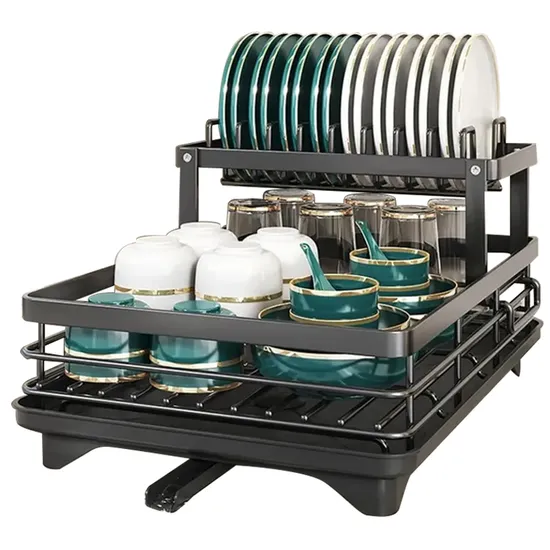 Escurridor de platos moderno de fábrica de dos niveles de metal negro
