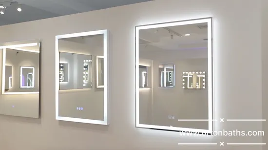1 Ortonbath Wholesale Espejo de baño LED rectangular sin marco con luces LED frontales, espejos retroiluminados, espejo de tocador regulable, antirreflejos